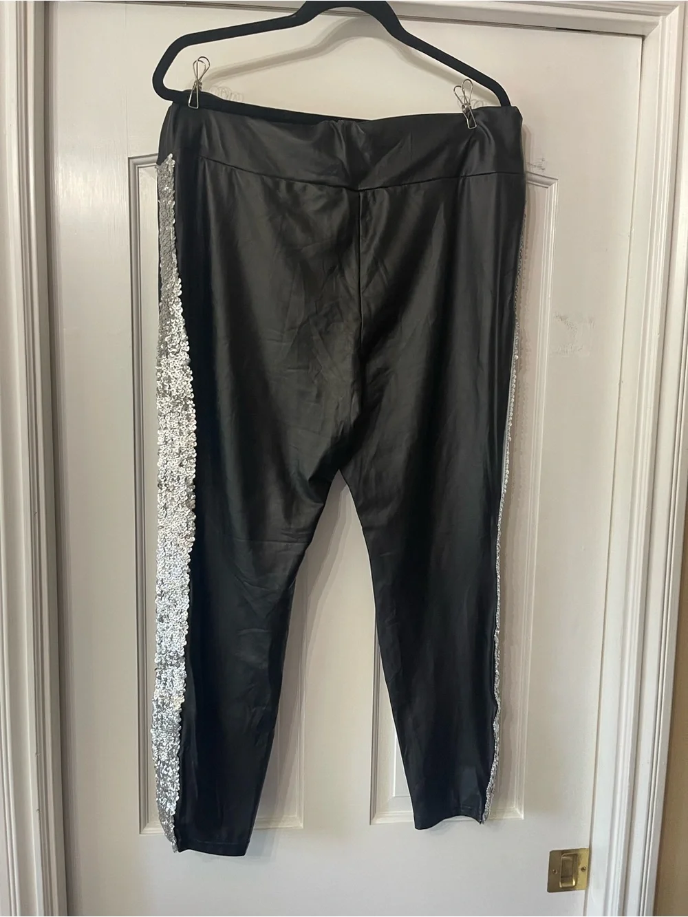 SHEIN Black Faux Leather Bike Shorts with Silver Sequin Stripes